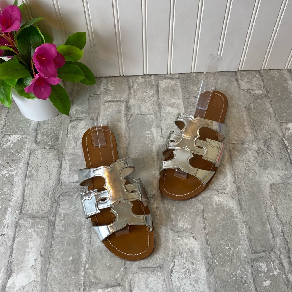 Tory Burch silver slide sandals
